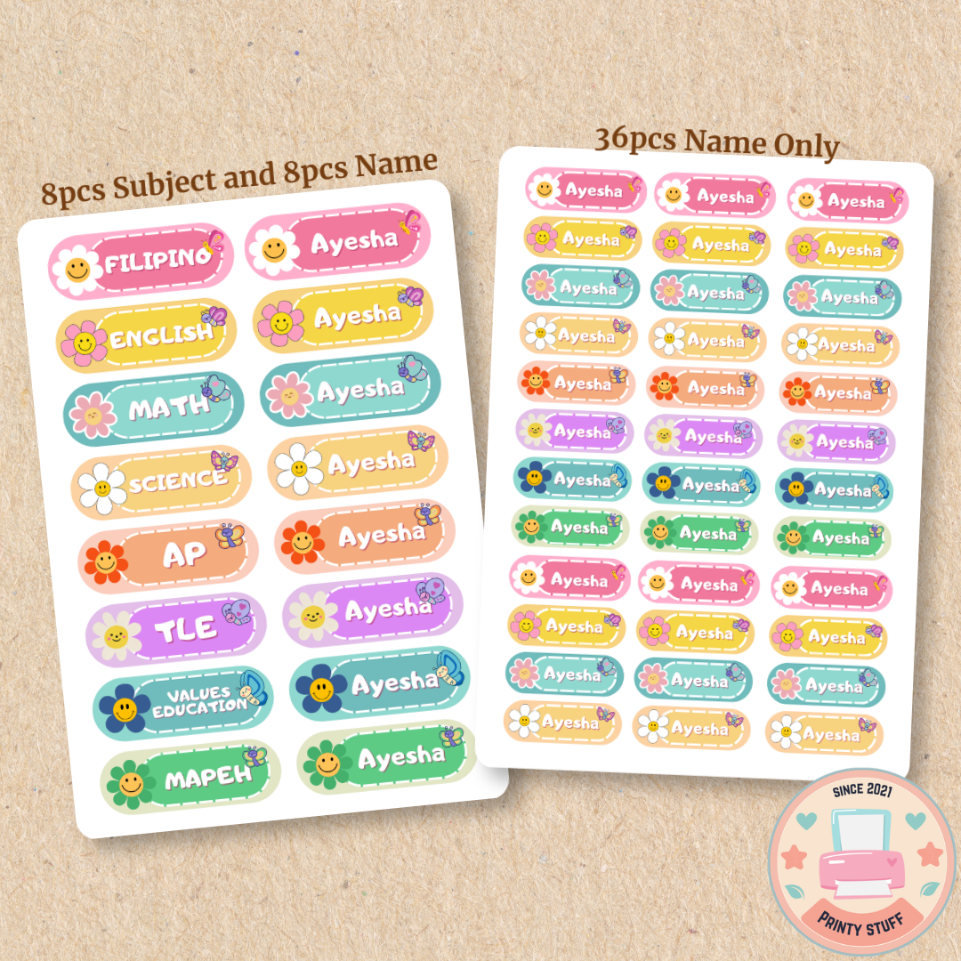 Flower Pastel Name and Subject Stickers