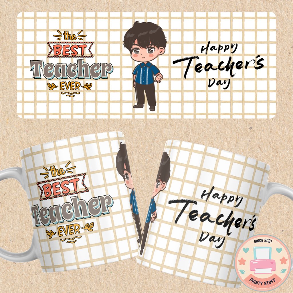 "The Best Teacher Ever - Happy Teacher's Day" Male Chibi Grid Ceramic Coffee Mug